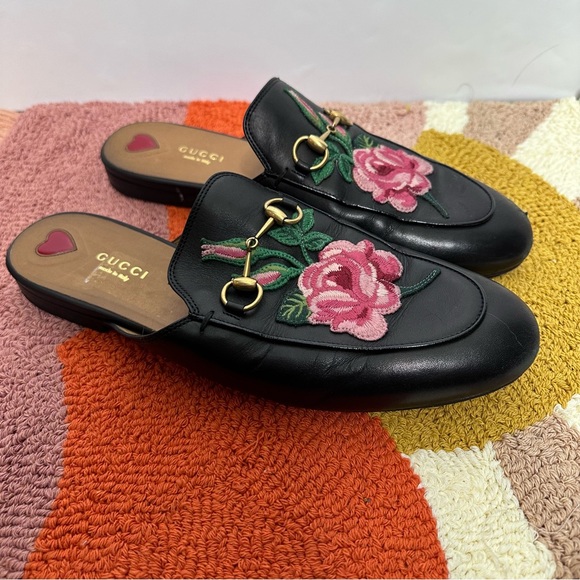 Gucci women’s Princetown embroidered black floral rose mules size 40 1/2 - Picture 6 of 14